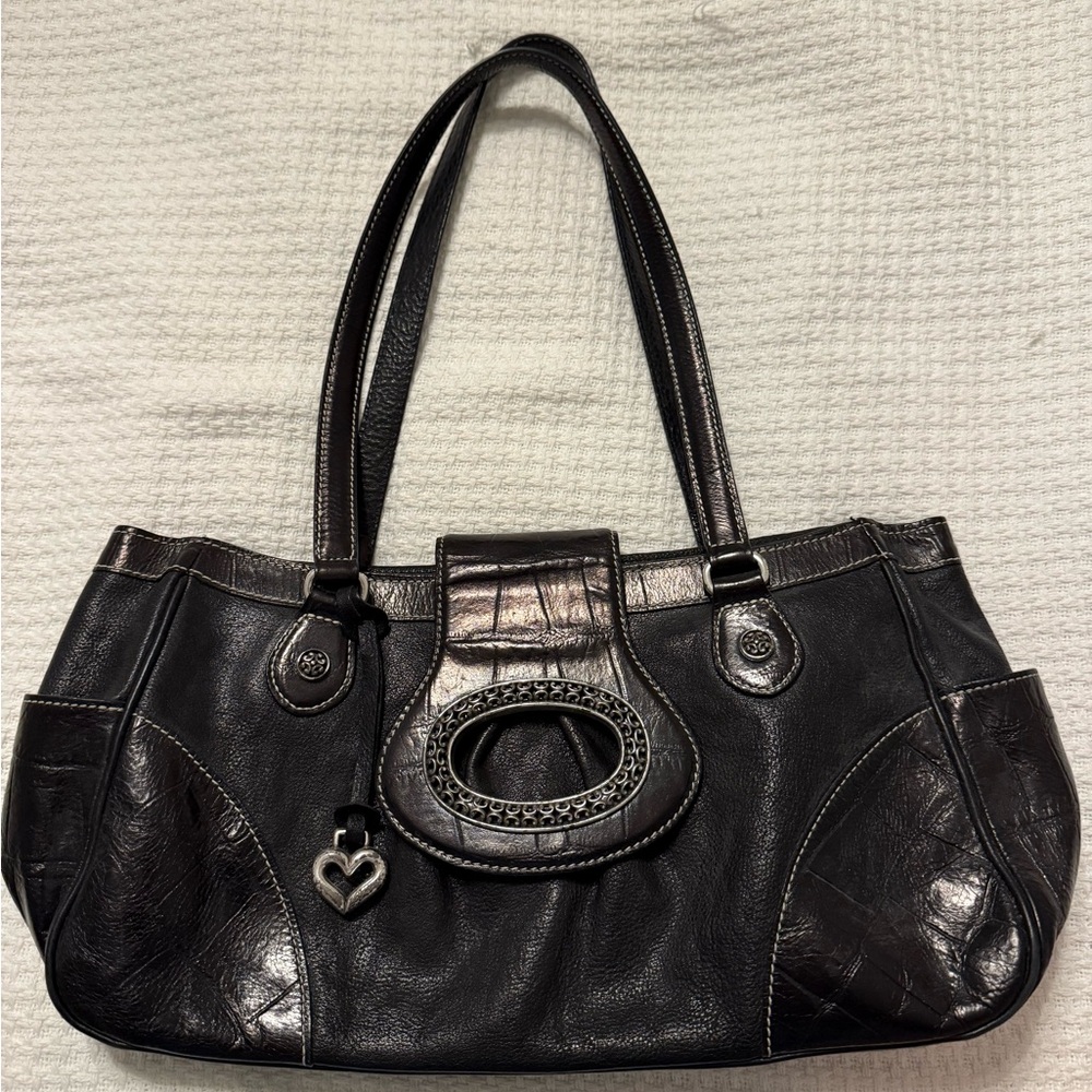 Black BRIGHTON Leather Shoulder Bag with Metallic Accents